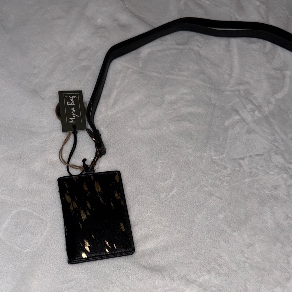Myra Bag Black with Gold Accent Leather Lanyard Cardholder